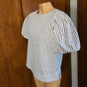 Freemarket Womens Blouse Black White Small Striped Puff Sleeve Crew Neck Top